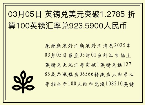 03月05日 英镑兑美元突破1.2785 折算100英镑汇率兑923.5900人民币