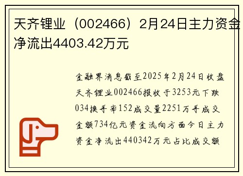 天齐锂业（002466）2月24日主力资金净流出4403.42万元