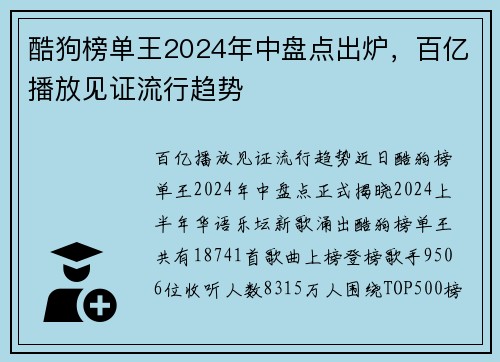 酷狗榜单王2024年中盘点出炉，百亿播放见证流行趋势
