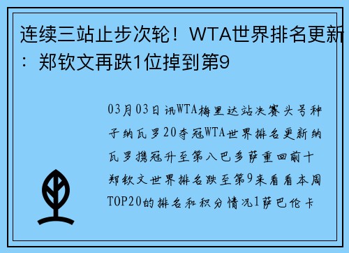 连续三站止步次轮！WTA世界排名更新：郑钦文再跌1位掉到第9