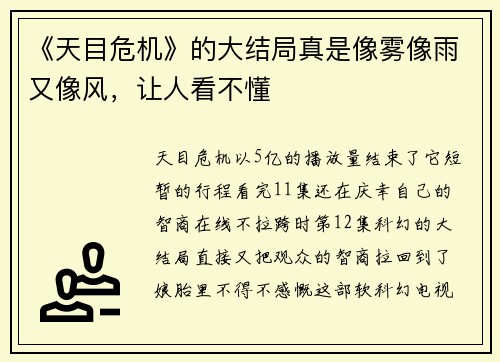 《天目危机》的大结局真是像雾像雨又像风，让人看不懂