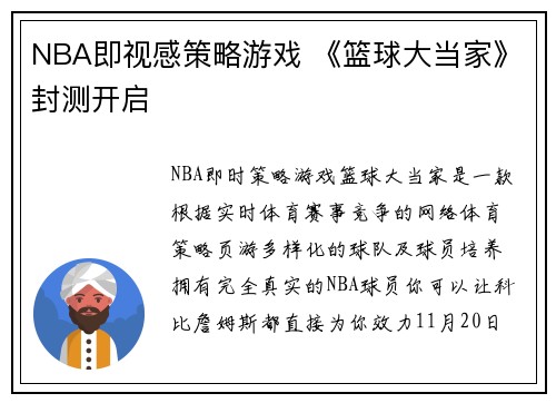 NBA即视感策略游戏 《篮球大当家》封测开启