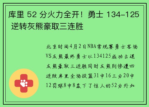 库里 52 分火力全开！勇士 134-125 逆转灰熊豪取三连胜